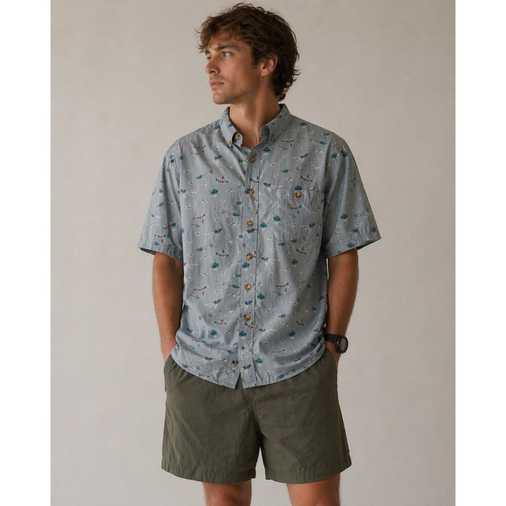 Duluth Trading Co Untucked Slim Fit XL Tall Blue Boat Water Ski Print Shirt Mens